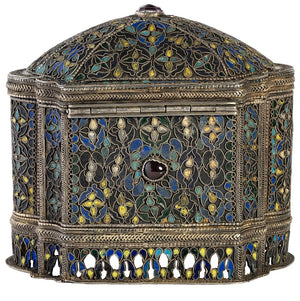 ANTIQUE ARMENIAN JEWELLED & ENAMELLED SILVER CASKET WITH POLYCHROME CLOISONNE ENAMEL & DOMED & HINGED COVER – 18TH CENTURY