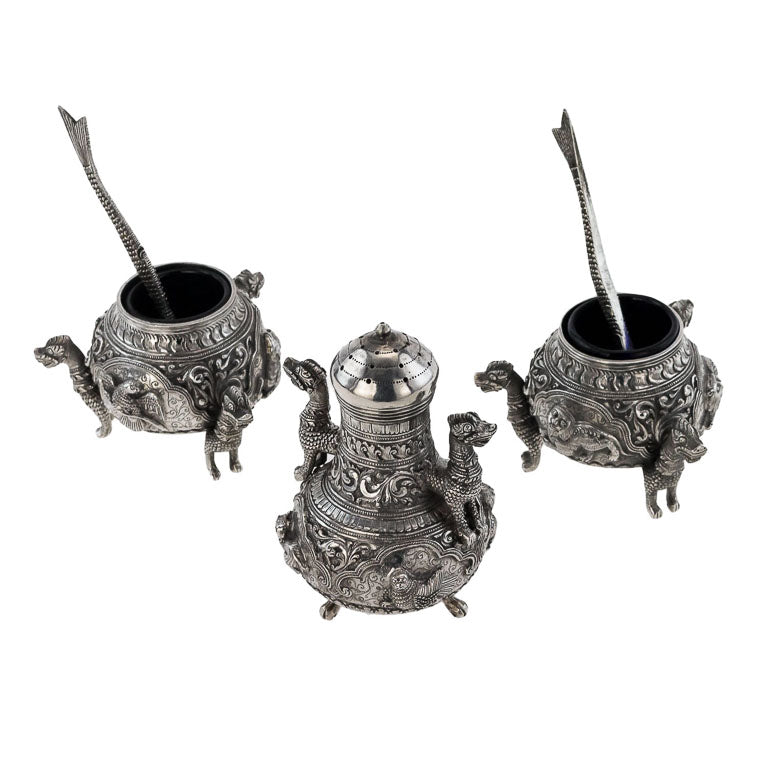 Antique Burmese Silver Cruet Set, An Unusual And Novel Design