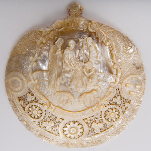 Antique Mother Of Pearl Carved Shell, Nativity Scene, Large Size, Bethlehem, The Holy Land – Late 19th Century